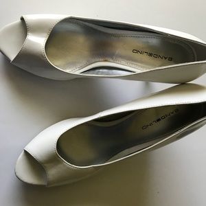 Faux patent leather pumps